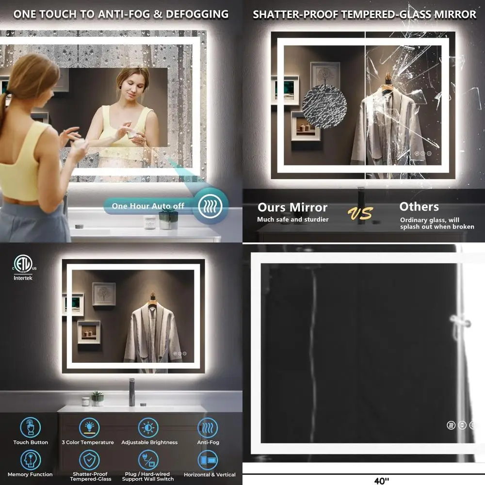 مرآة حمام مضيئة بإضاءة LED 36 وات × 32 ساعة، 3 ألوان قابلة للتعتيم، مضادة للضباب، مقاومة للكسر، مرآة زينة مقاومة للماء #1