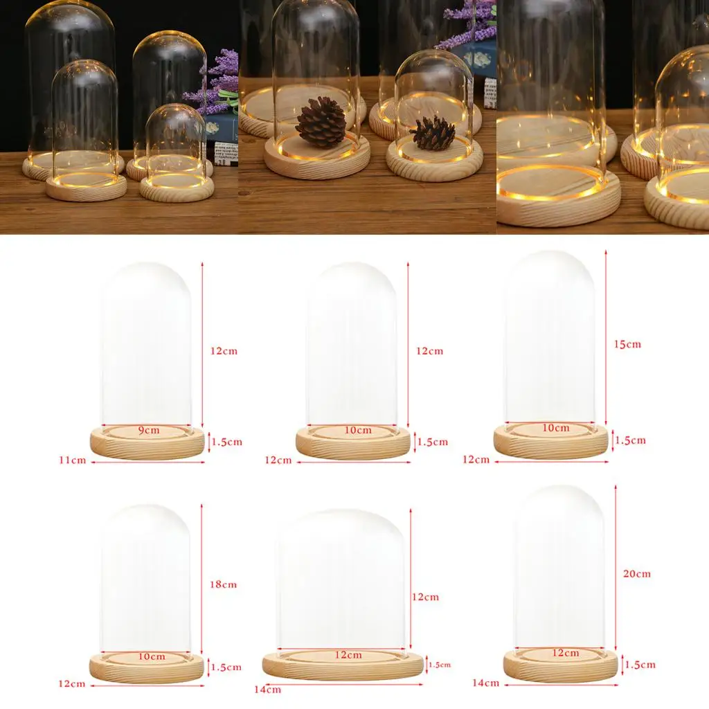 Dôme en verre transparent, bricolage, dôme en verre décoratif, Lintel, cloche en verre, Vase de paysage avec Base en bois Led, support de micro-paysage