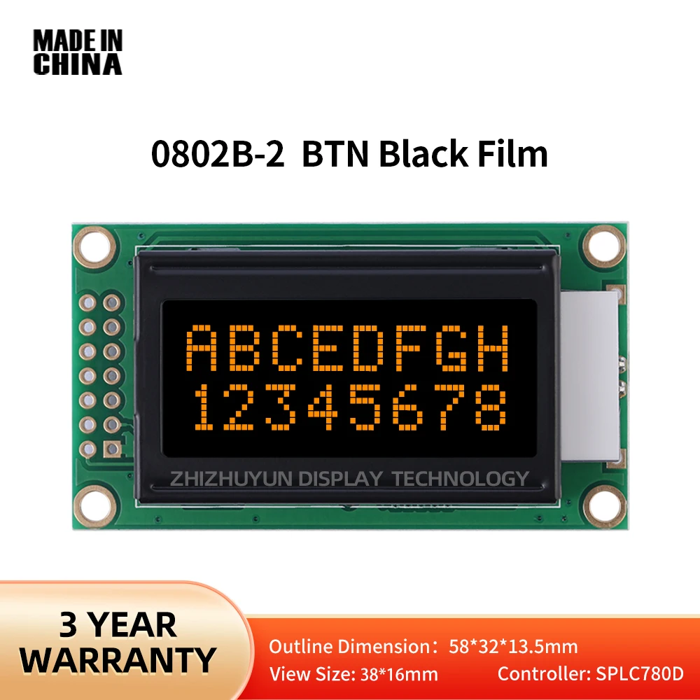 Módulo de pantalla LCD de 14 pines, película negra, fuente naranja, SPLC780D, BTN, fabricante LCM0802B-2