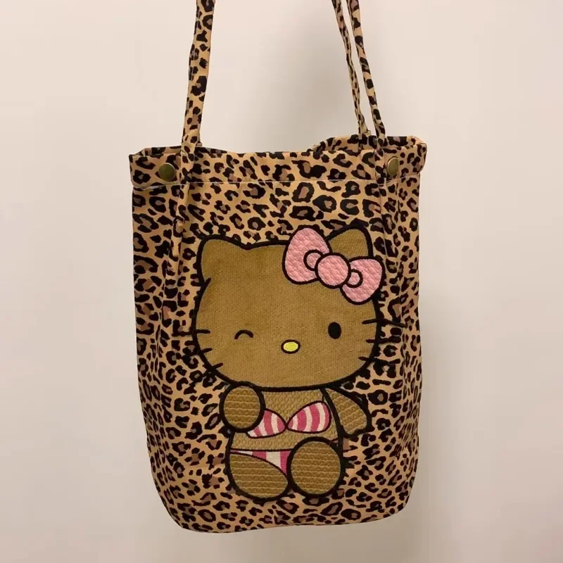 MBTI Y2k Hello Kitty Shoulder Bag for Women Canvas Leopard Print Embroidery Cartoon Handbag Hong Kong Style Fashion Armpit Bag