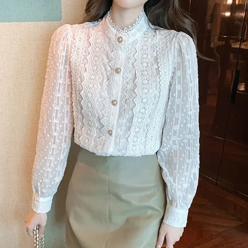 

New Stand Collar Lace Women Shirt Blouse Fashion White Long Sleeve Shirt Blouse Women Tops Camisas Blusa Camisas De Mujer E382
