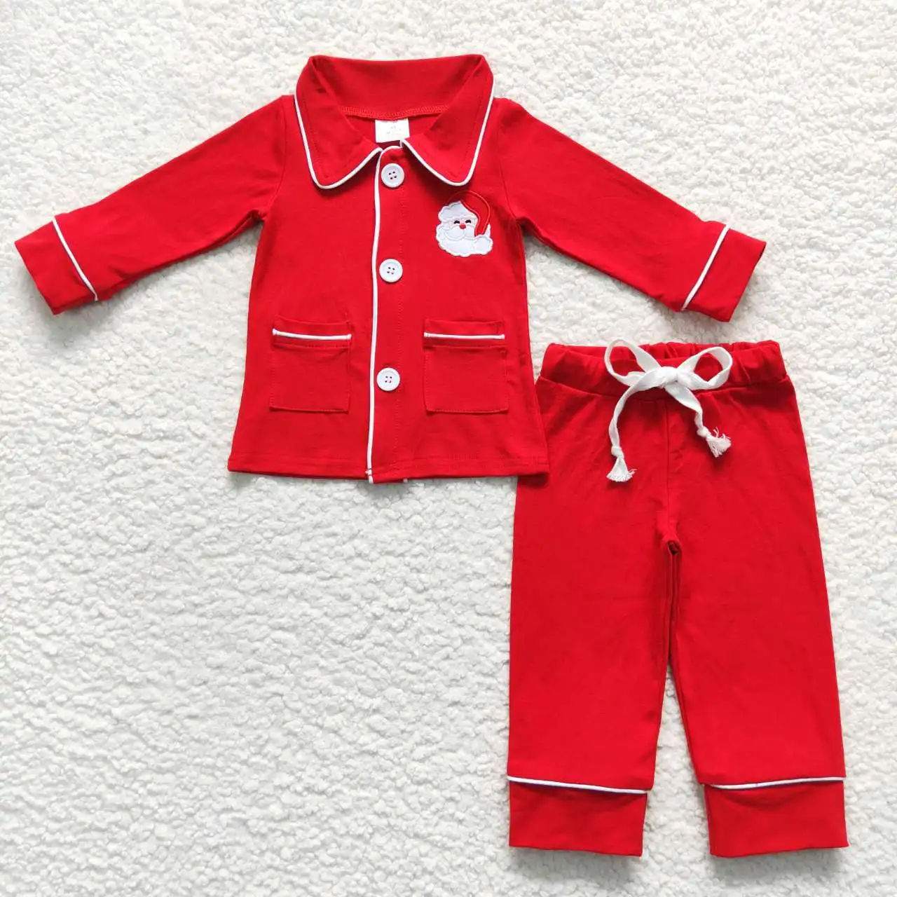 Infant Christmas Santa Embroidery Sleepwear Pants Kid Red Outfit Matching Boy Girl Pajamas Children Long Sleeves Button Down Set