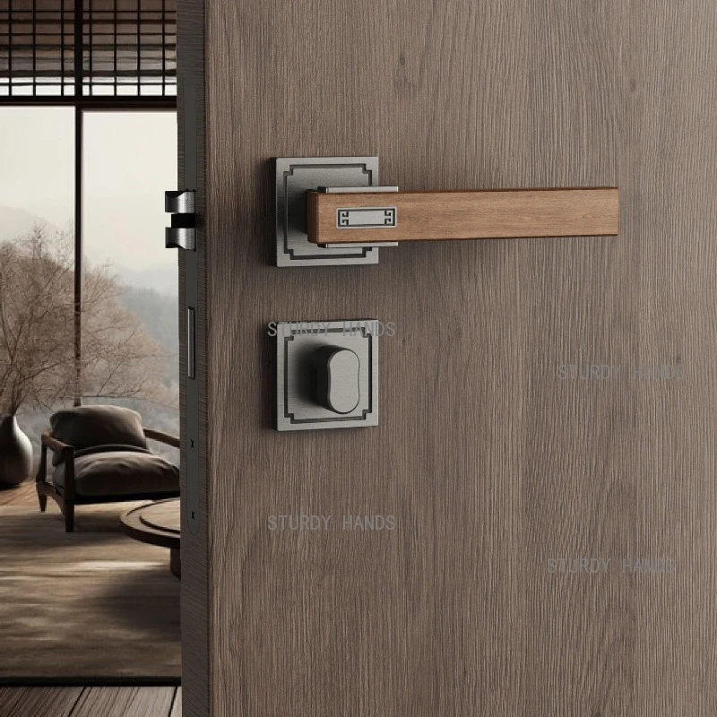 Zinc alloy+solid wood Chinese style silent door lock household bedroom universal indoor door handle lock