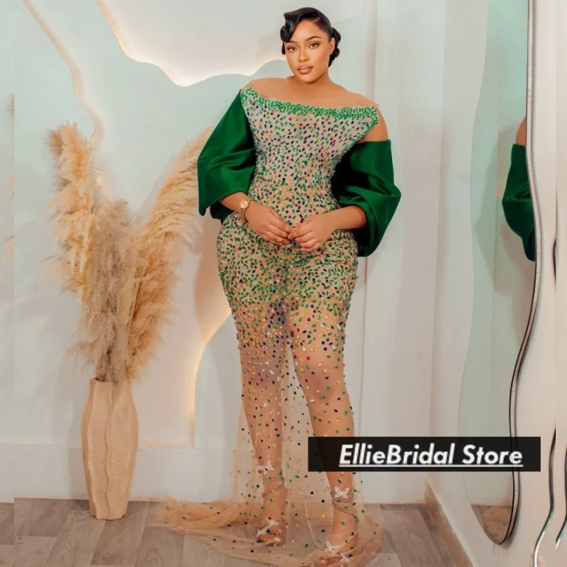Green Rhinestones Transparent Evening Dresses With Puffy Cape Long Mermaid Wedding Party Dress Prom Gowns For Women Customized