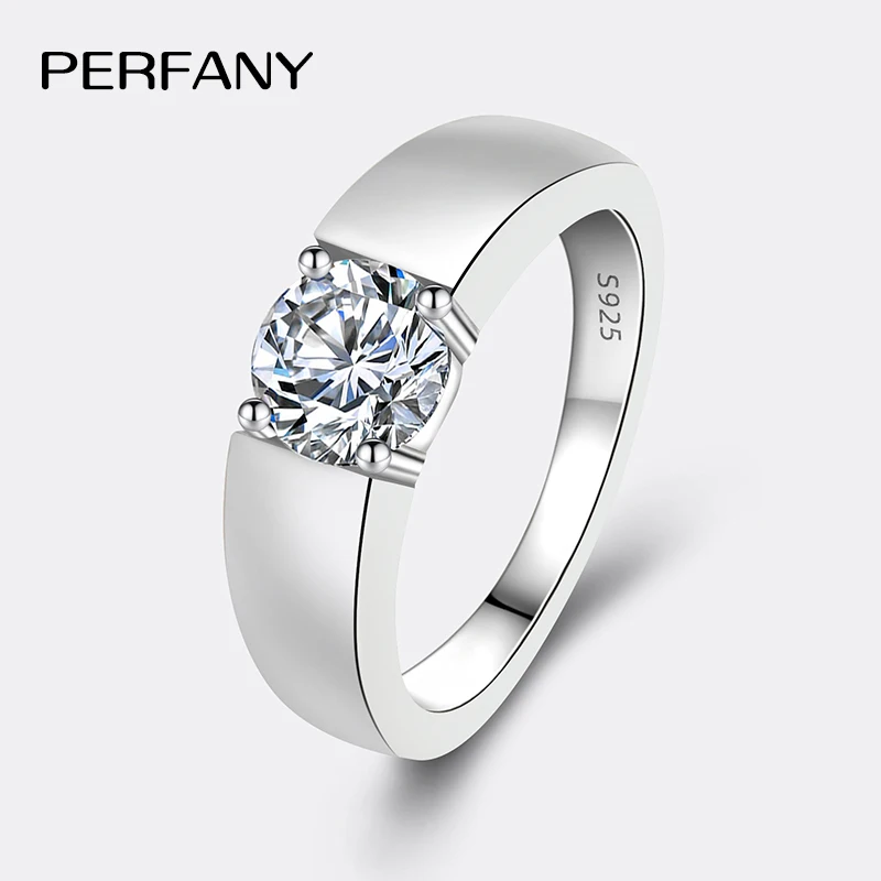 PERFANY 0.5/1CT Moissanite Ring for Men S925 Pure Silver Laboratory Cultivated Diamond Engagement Ring Classic Wedding Jewelry