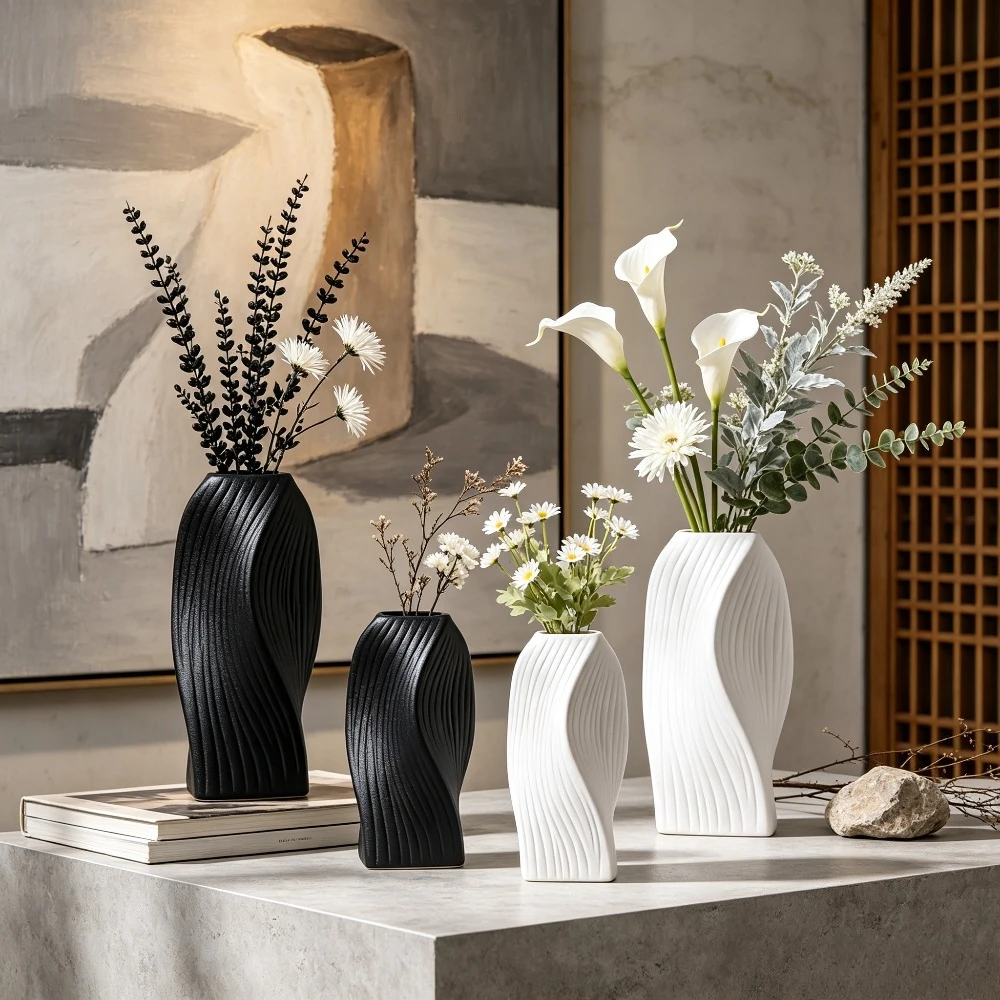 Modern Wavy Twist Ceramic Vase Matte Finish Vertical Texture Vase Minimalist Table Centerpiece for Living Room Bedroom Decor