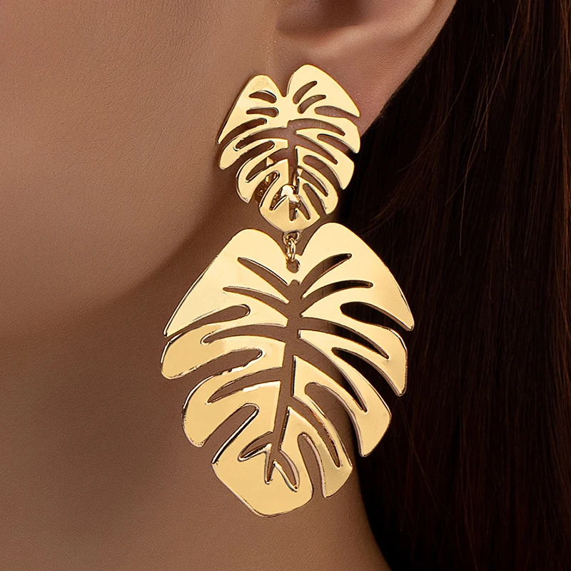 Trendy Metal Leaf Dangle Earrings for Women Small Big Double Layer Hollow Out Leaves Drop Earrings Party Retro Bohemian Jewelry