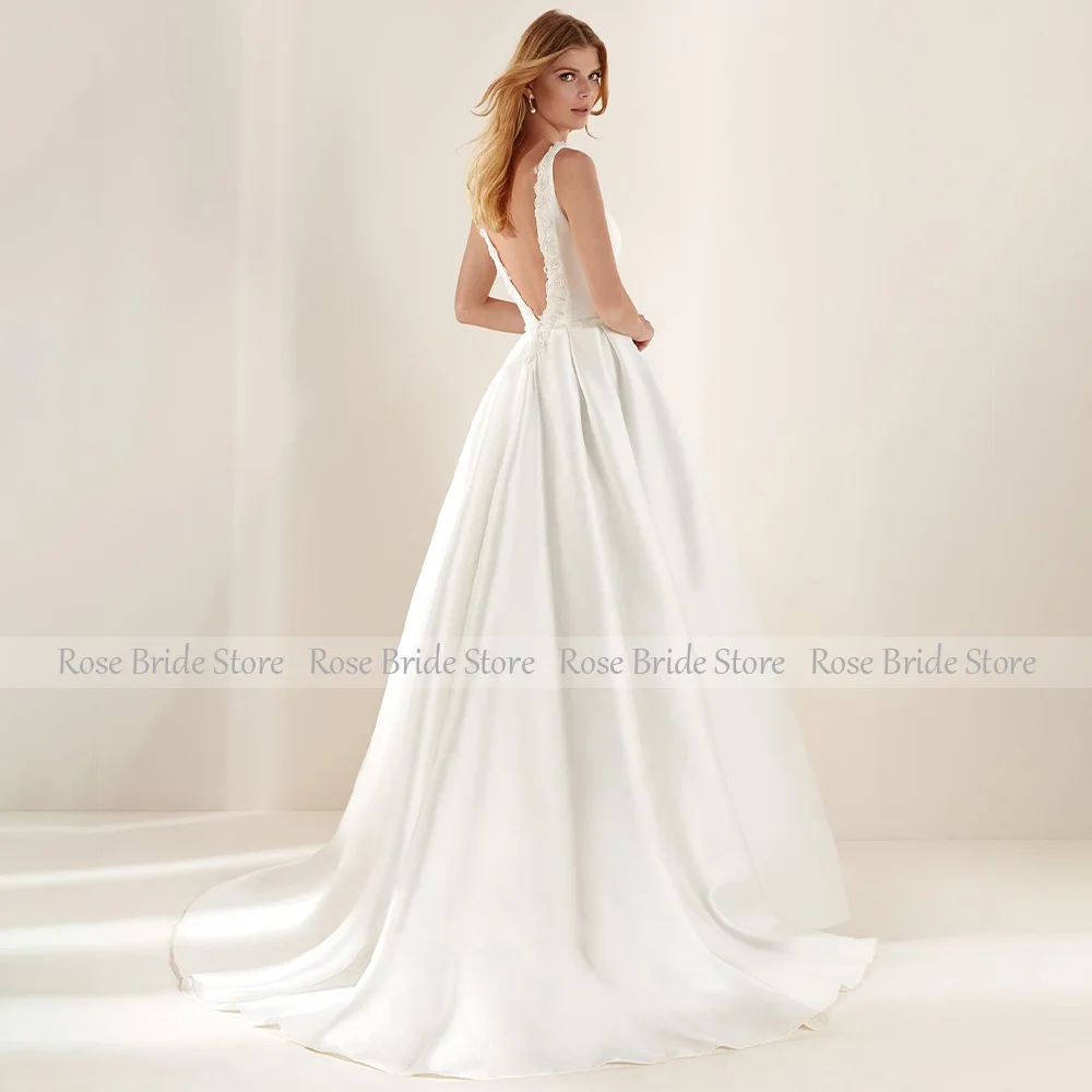 Satin Wedding Dresses for Women 2023 Bride Beading Deep V Neck Sexy  Gowns Backless Applique Ivory Elegant Bridal Dress