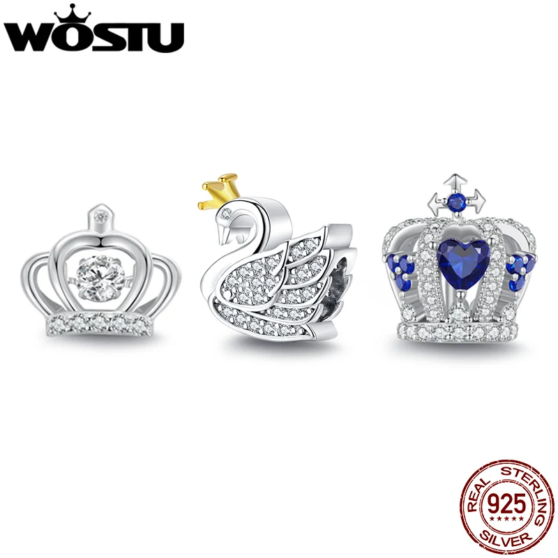 

WOSTU 925 Sterling Silver Royal Crown Beads Swan Charms CZ Pendant For Women Fit Original Bracelet DIY Necklace Jewelry Making