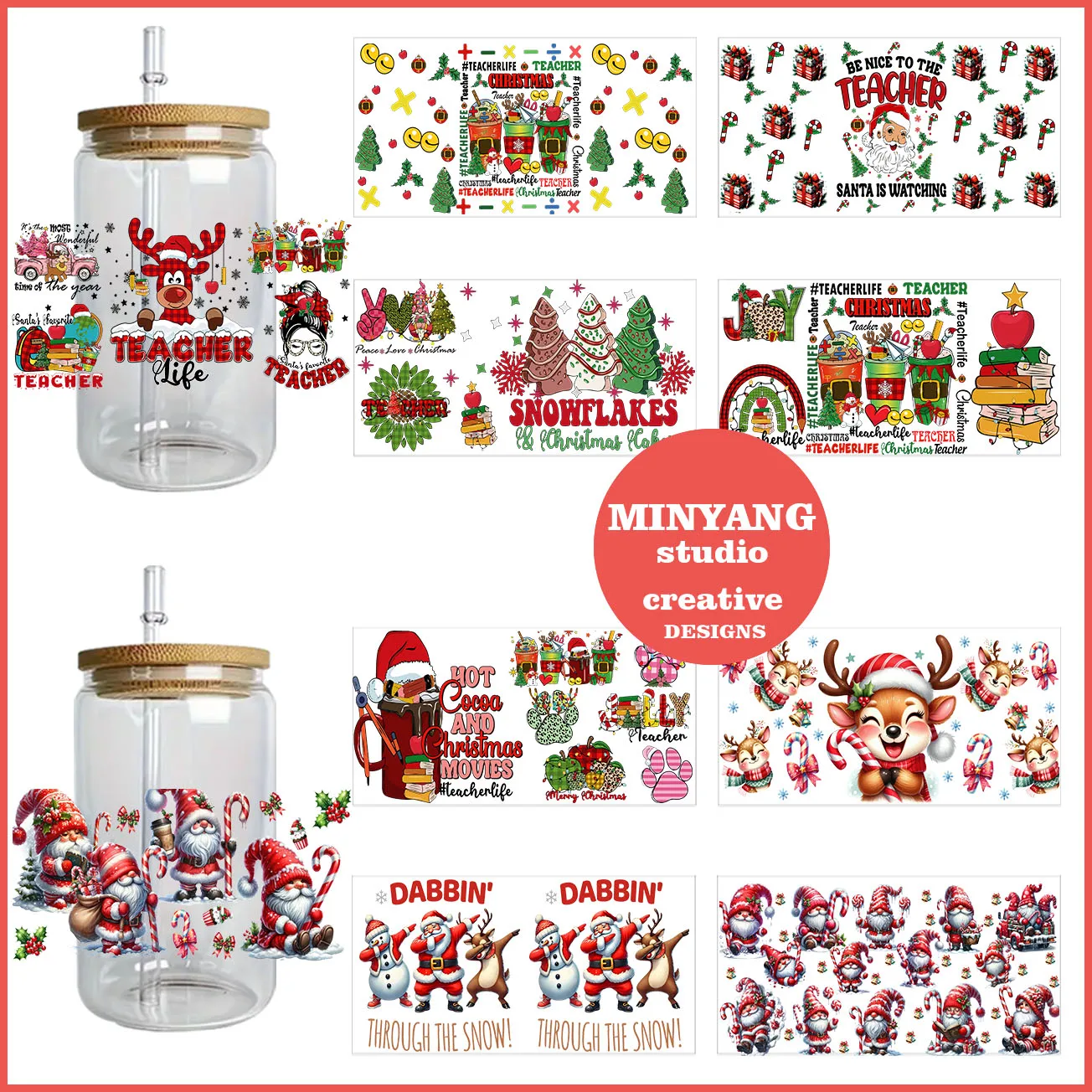 Christmas easy to peel off waterproof DIY sticker 3D transfer uvdtf crystal sticker 16 oz uvdtf cup cover, suitable for  glasses