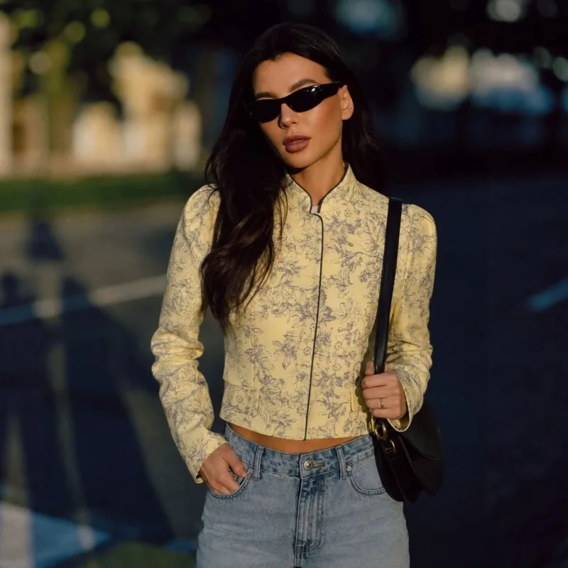 Floral Print Cropped Jacket Stand Collar Puff Long Sleeve Contrast Piping Women Streetwear Vintage Short Outerwear Coat 260802