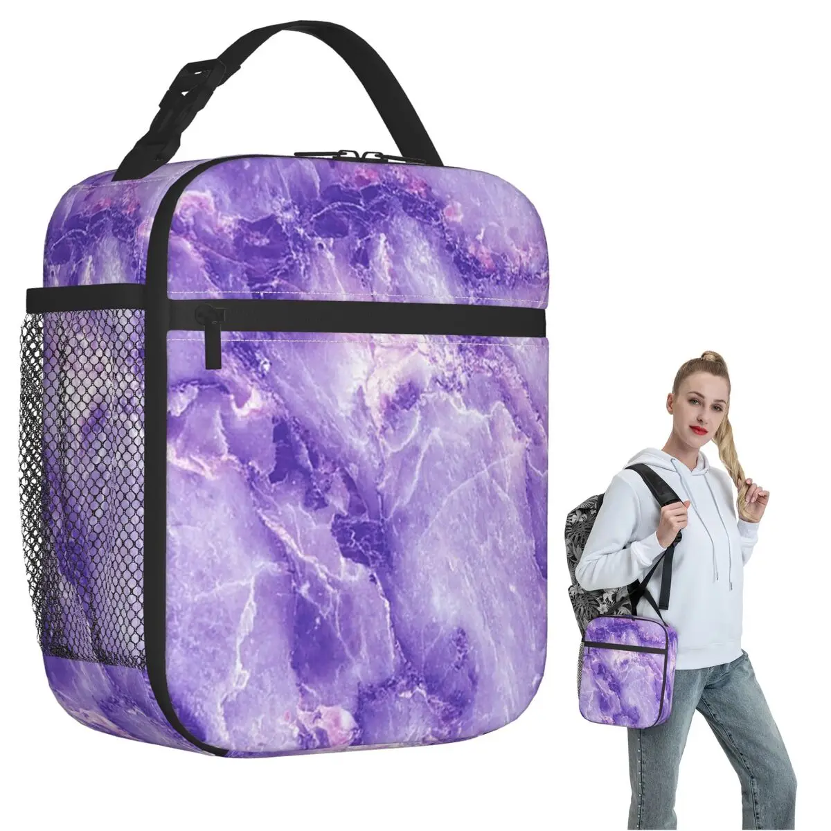 MARBLE - PURPLE Insulated Lunch Bag for Women Children Portable Food Boxes Thermal Lunch Box Tote