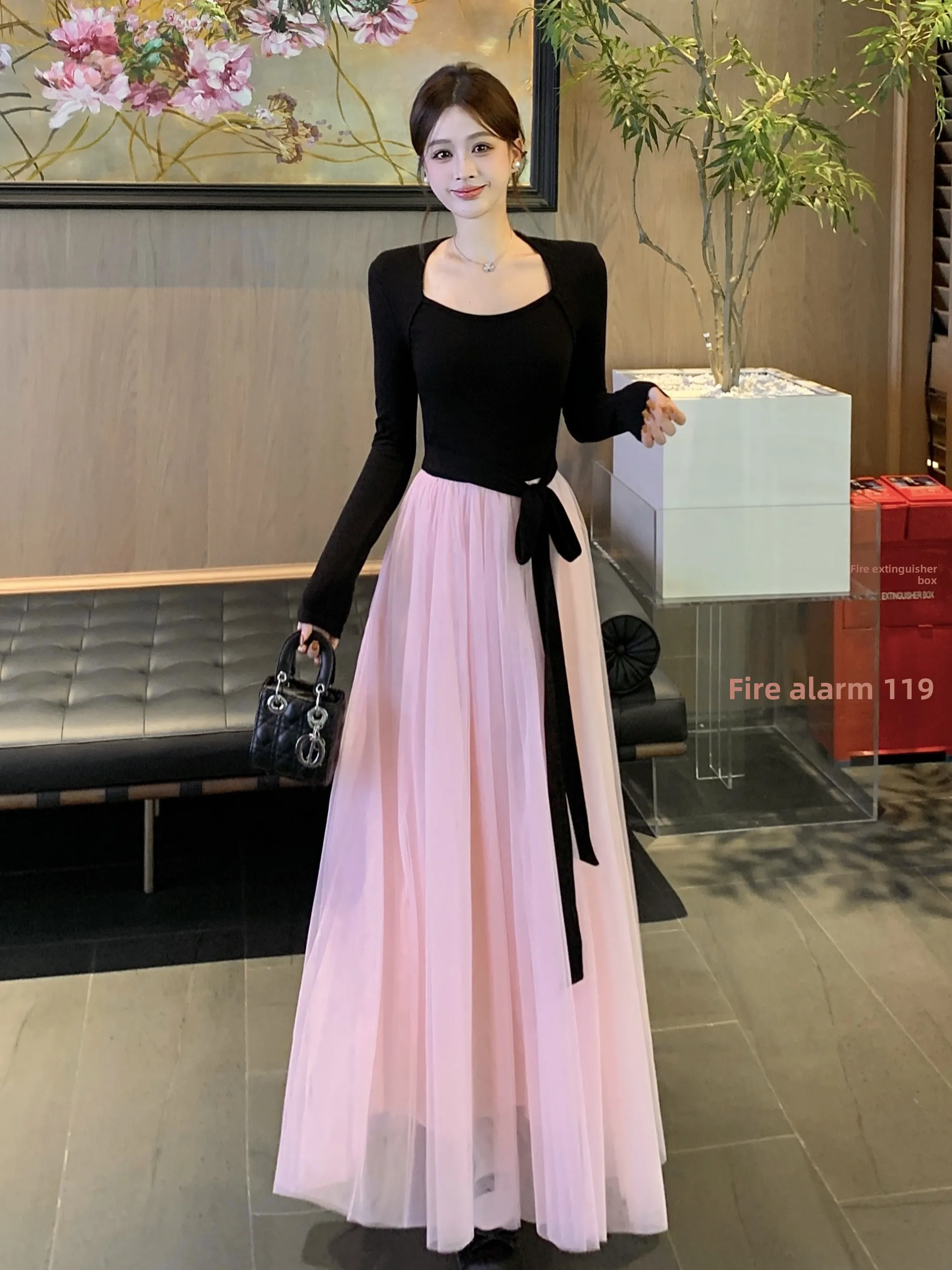 

plus Size Long Sleeve A-Line Dress with Waist-Cinching Knot Spring New Style Korean Style Commute Wind Dress