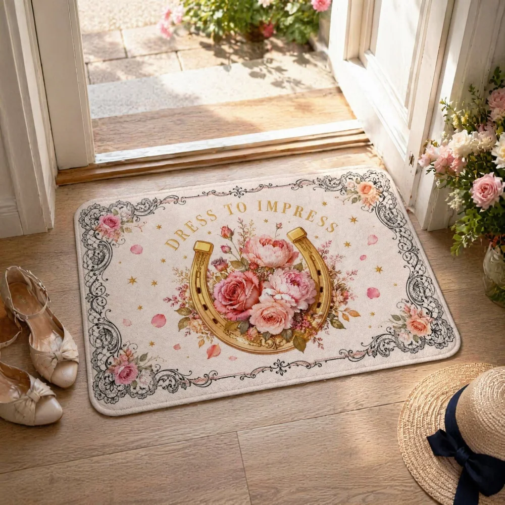 Crystal Velvet Floor Mat Vintage Pink Peony Rose Print Retro Floral Frame Non Slip Doormat Bedroom Entrance Bathroom Decor Rug