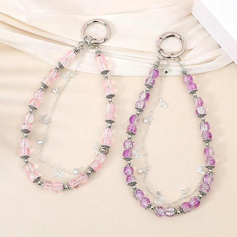 Butterfly Double Layer Chain Phone Lanyard Crystal Beaded Phone Pendant Wrist Strap Keychain Backpack Decoration Accessories