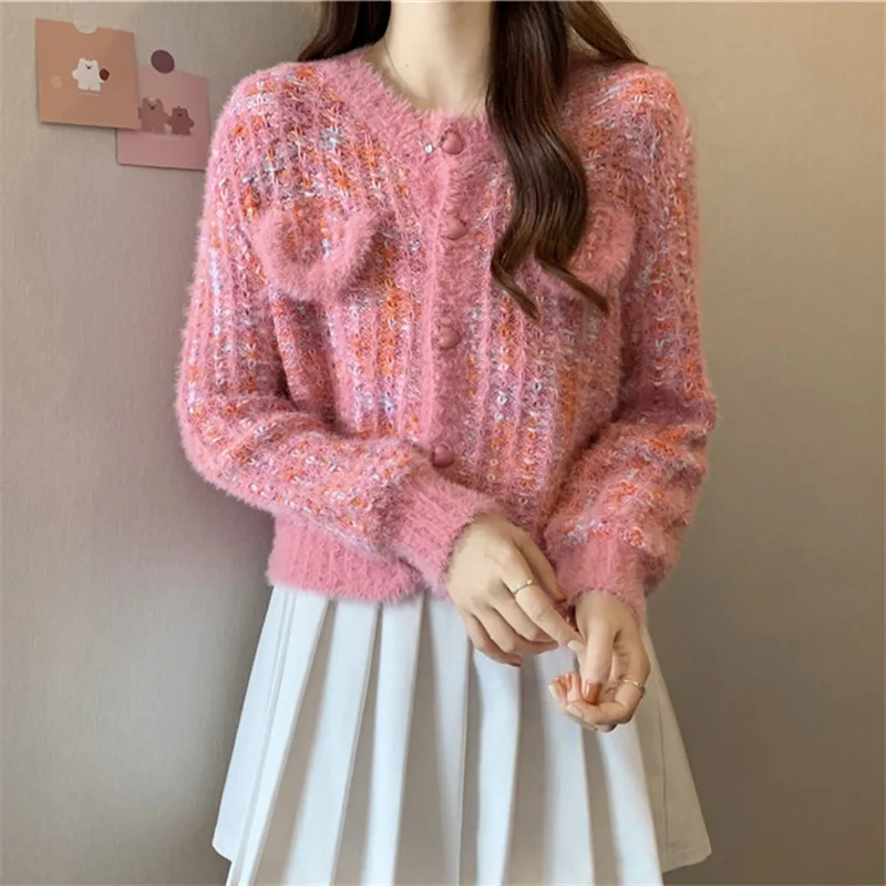 

Sweet Knitted Cardigans Aesthetic All Match Contrast Color Coats Fashion Single Breasted Women Short Loose Sweaters Jumper LJ775