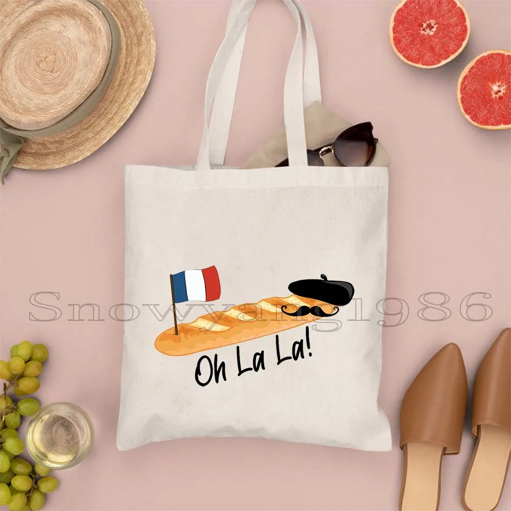 Love Paris France Map Flag Eiffel Tower City Landmarks Pug Life Oh La La Baguette French Food Canvas Shoulder Tote Bag Handbag