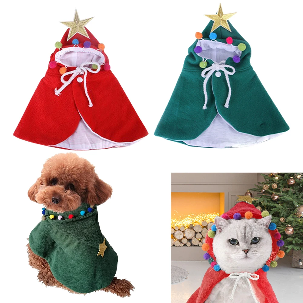 Kostum jubah kucing Natal, kostum pesta Cosplay dengan bintang dan pompom, pakaian gaun topi Santa untuk anjing kecil & kucing