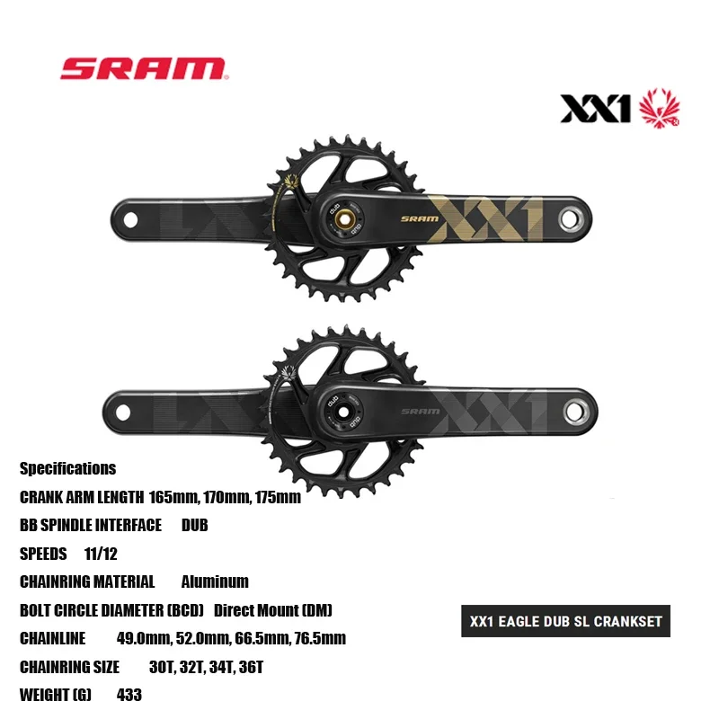 

SRAM XX1 EAGLE DUB SL CRANKSET DUB™ technology delivers the lightest, stiffest, strongest crankset available