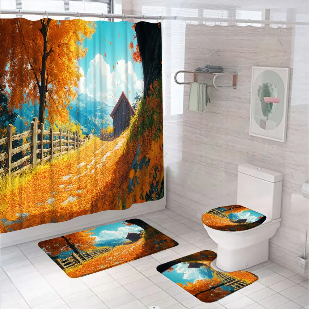 Autumn Maple Tree Forest Bathroom Set Shower Curtain Farmhouse Country Natural Scenery Fabric Screen Bath Mats Rug Toilet Cover