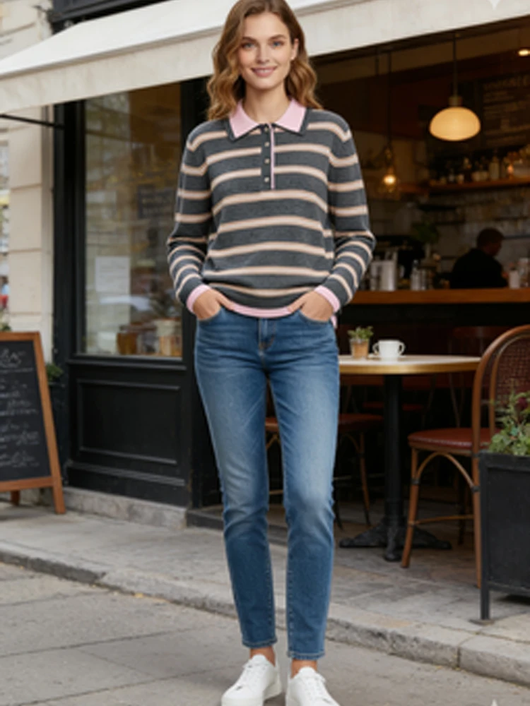 

Elegant Contrast Striped Knitted Pullover Women Casual Full Sleeve Lapel V-neck Single Breasted Sweater 2026 Commute Sweaters