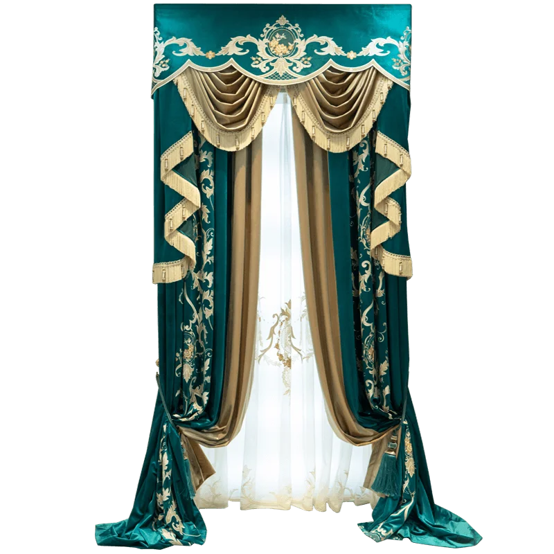 Custom curtain European high-grade embroidery shading montage blue velvet thick bedroom blackout curtain tulle valance M1525