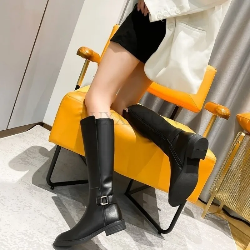 Leather Side Zipper Knee Length Women Long Boots with Thick Heels and Plush Solid Color Slim and Tall Chivalrous Boots