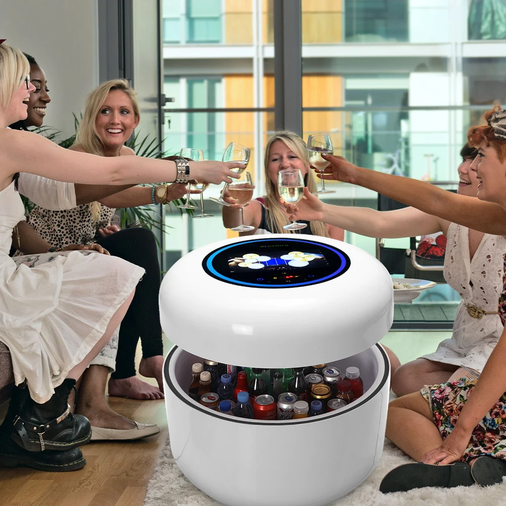 Custom Luxury Round Smart Coffee Table BT Speaker LED Light Big Capacity Hydraulic Lift Top Coffee Table with Refrigerator