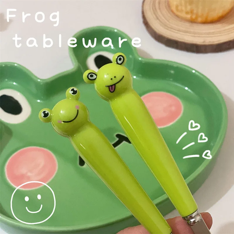 Cartoon Frog Cutlery Set Kids Stainless Steel Fork Spoon with Ceramic Handle Camping Picnic Flatware Utensil Set Tableware