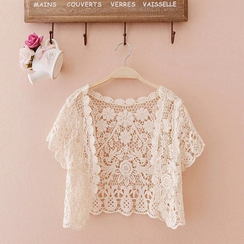 Women Short Sleeve Crochet Shrugs Hollow Out Flower Lace Open Front Cropped Cardigan Sunscreen Scalloped Bolero Jacket