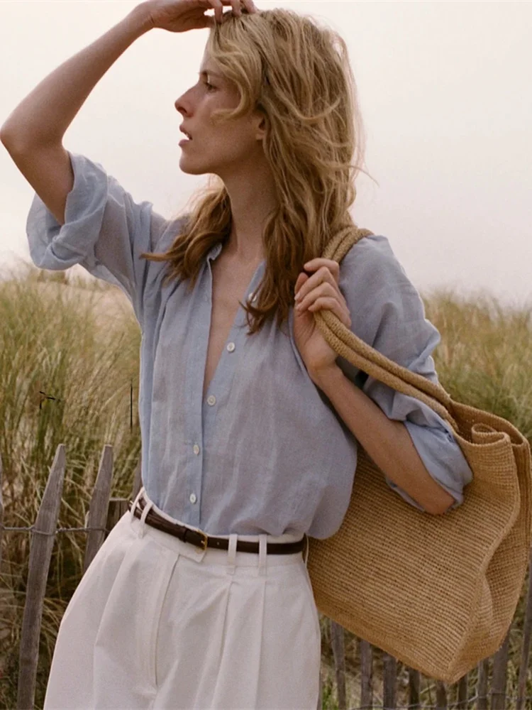 Susan casual solto longo sve algodão azul redondo ne irt top feminino confortável respirável roupa de verão