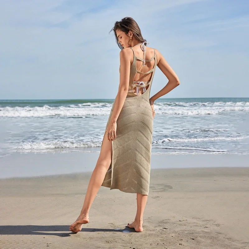 Para Praia – tenue de plage longue tricotée pour femmes, tenue de plage ajourée, sans manches, Cover-Up pour Bikini, dos nu, robe de vacances, automne