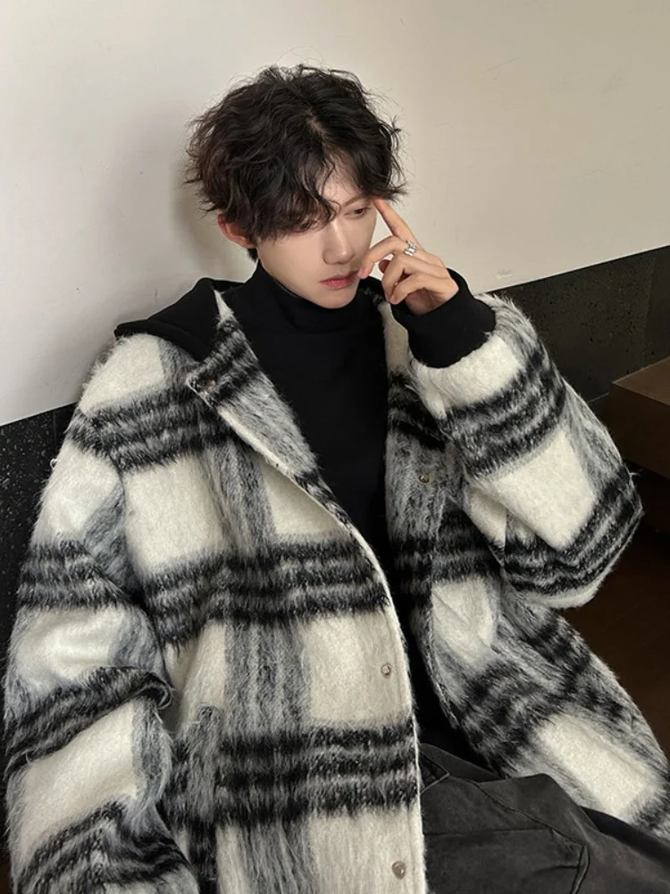 

Модное шерстяное пальто в клетку для мужчин, осенне-зимнее, свободного кроя, универсальное, для пар, с капюшоном, премиум-класса, молодежное, стильное