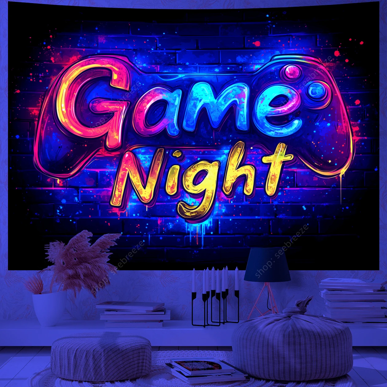Game Over Game Zone UV Reactive Tapestry E-Sports Room Game Controller Tapestry Hippie Tapiz Neon Background Room Wall Decor