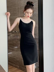 Fashion Summer Korean Vintage Sexy Sleeveless Vest Midi Party Club Dress Ladies OL Elegant Backless Black Skinny Bodycon Dress