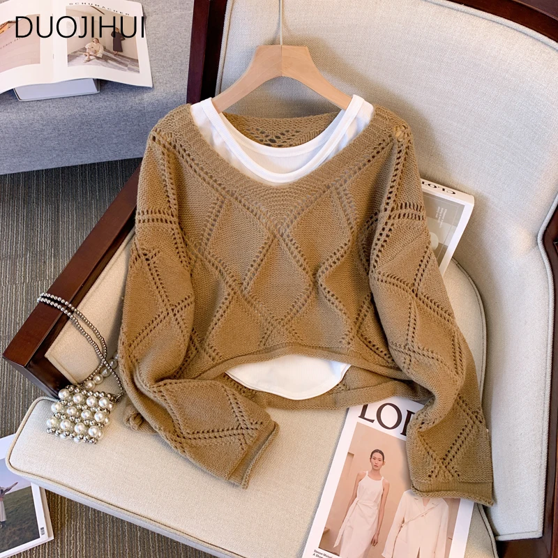 

DUOJIHUI Two Piece Classic O-neck Knitting Female Pullovers Autumn Basic Long Sleeve Spell Color Fashion Simple Women Pullovers