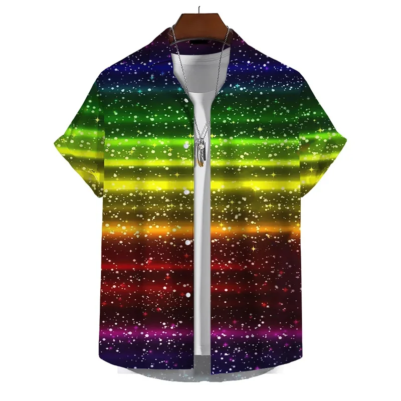 2024 3d Print Rainbow Shirt Men Summer Lapel Short Sleeved Holiday Party Shirts Streetwear Hip Hop Blouse Tops Male Clothing