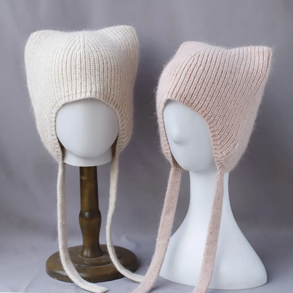 Shine Outdoor-Mütze mit tiefem Krempe und Katzenohren, sowjetische Mütze, Damen-Wintermütze, Rattanmütze, Pelzmütze, süße Mütze, Strickmütze aus Fleece. – Detail 10