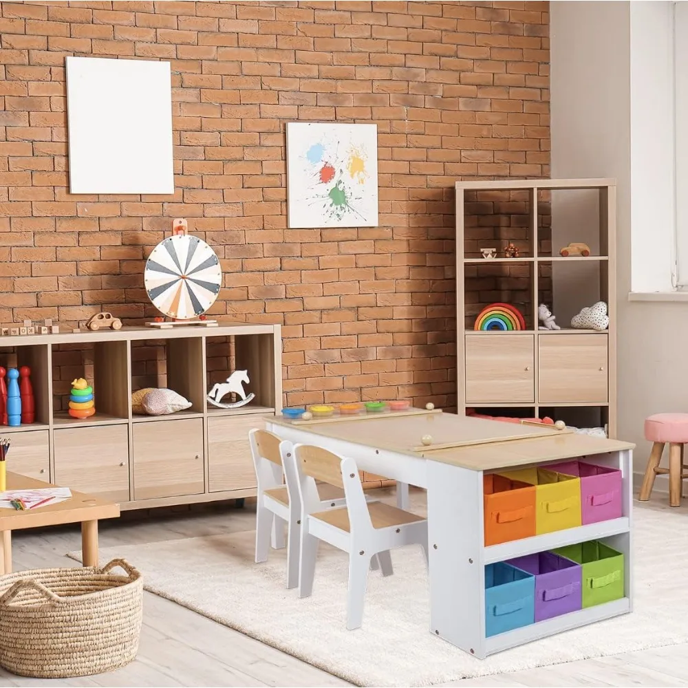 Kinderkunsttafel met speelkamerstoelen, handwerk voor peuters en speelhouten activiteitentafel met opbergbakken en papierrollen