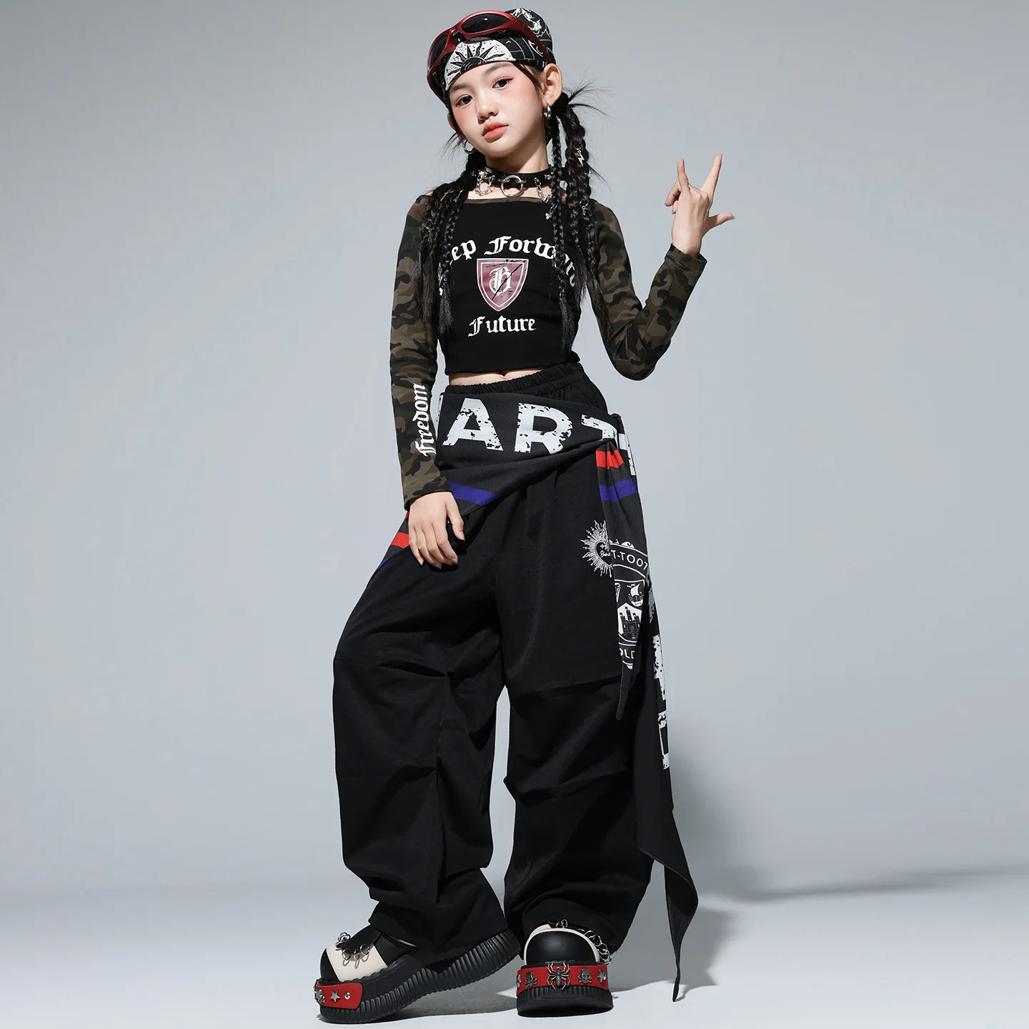 طفل الهيب هوب الملابس السوداء المحاصيل طويلة الأكمام قمم الجيش الأخضر المظلة السراويل للفتيات مجموعة الشارع ملابس رقص الملابس