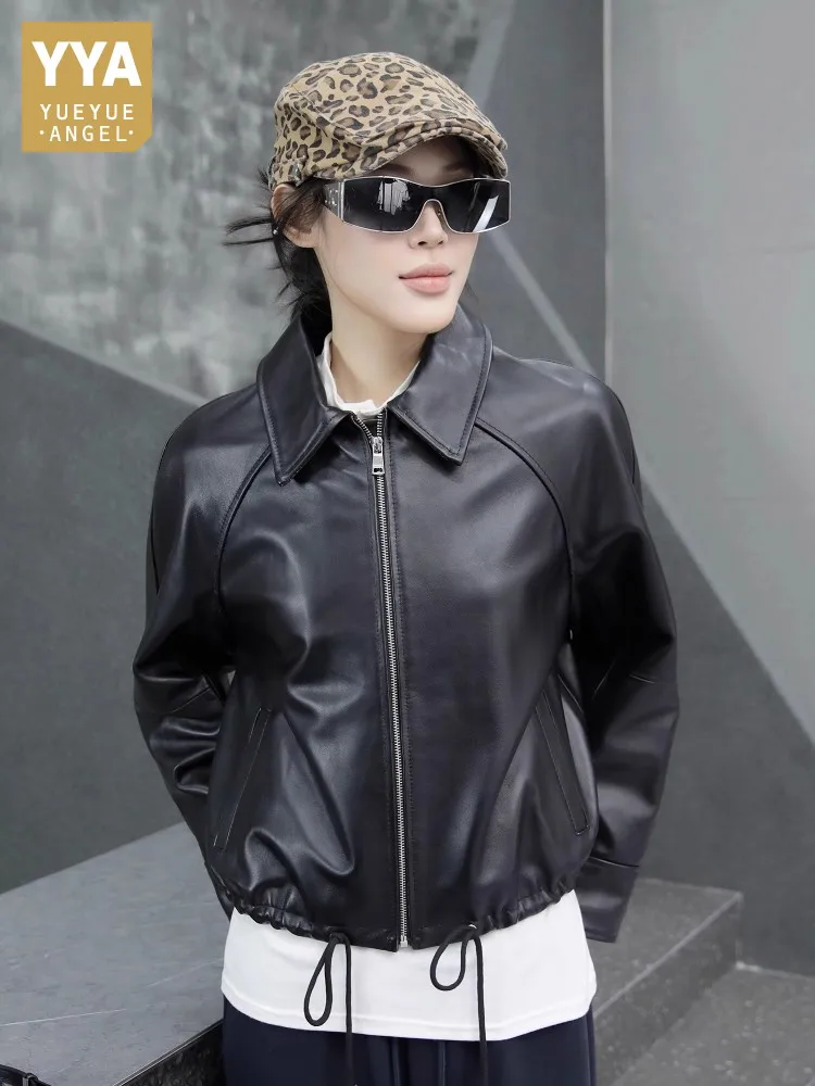 Top Quality Autumn Womens Genuine Leather Jacket Zippers Turndown Collar Real Sheepskin Motorcycle Jackets Top Black Short Coat