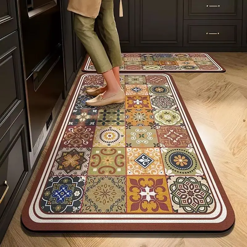 VIKAMA 1/2pcs Vintage Floral Tile-Patterned Floor Mats—Waterproof and Durable for Entryways, Kitchens, Balconies, and Home Decor