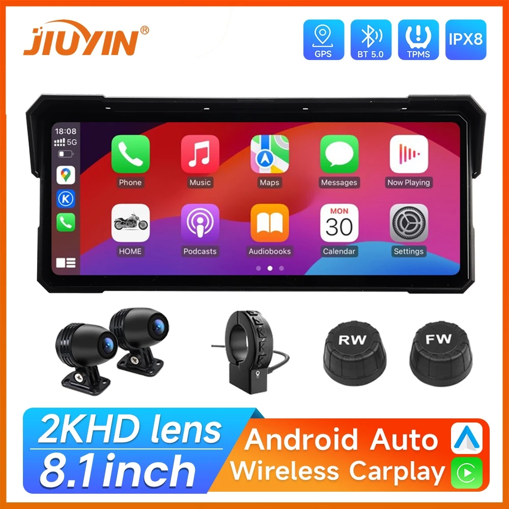 7/8.1'' Motorcycle Multimedia Player 2K HD GPS Navigation Video Recorder Wireless CarPlay Android Auto IPX8 Waterproof Screen BT
