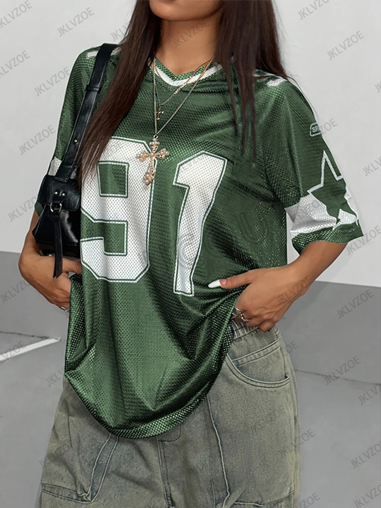 المتضخم تي شيرت للنساء الخامس الرقبة قصيرة الأكمام الصيف المرقعة الأزرق سرعة 91 طباعة عادية تيز كرة قدم رياضية جيرسي Y2k القمم #5