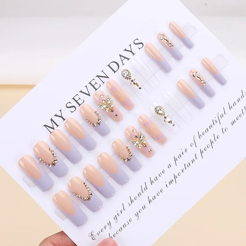 

24Pc Purple Elegant Ballet Square Press-On French Nail Tips with 3D Butterfly&Floral Design Romantic Glitter Nail for Party Wear