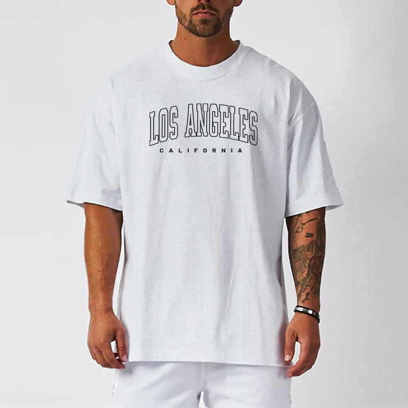 Los Angeles California City Letter Printed Mens Running T-shirts Summer Mesh Quick Dry Sports Fitness Half Sleeve Tops Tees