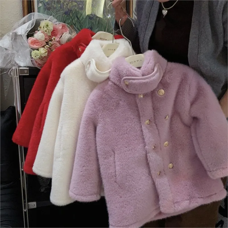 Fashion Baby Girl Faux Fur Jacket Infant Toddler Child Warm Button Coat Long Baby Solid Color Outwear Winter Baby Clothes 1-12Y