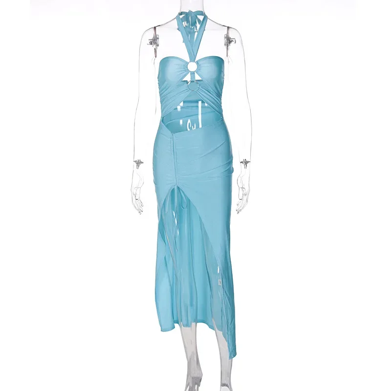 여성 섹시 홀터넥 새틴 솔리드 백리스 드레이핑 시스루 셔링 밴디지 여름 파티 슬림 맥시 프롬 드레스