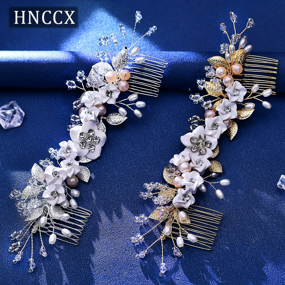 

HNCCX Bridal Flower Hair Comb Golden Color Alloy Leaf Double Ended Hair Comb Headband Handmade Pearl Women Party Tiara CP337