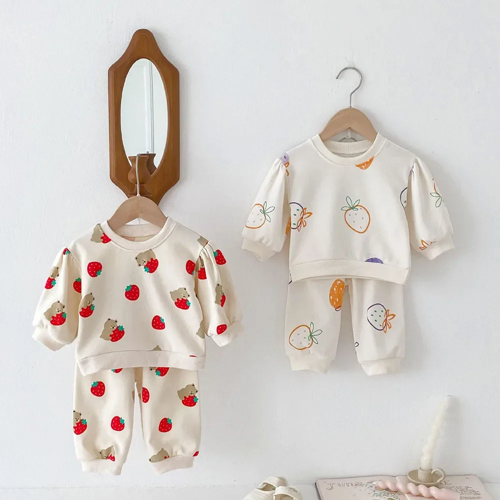 2024 Autumn Baby Clothing Set Toddler Girls Cartoon Strawberry Top and Pants 2Pcs Cotton Kids Boys Pullover Outwear Baby Suit